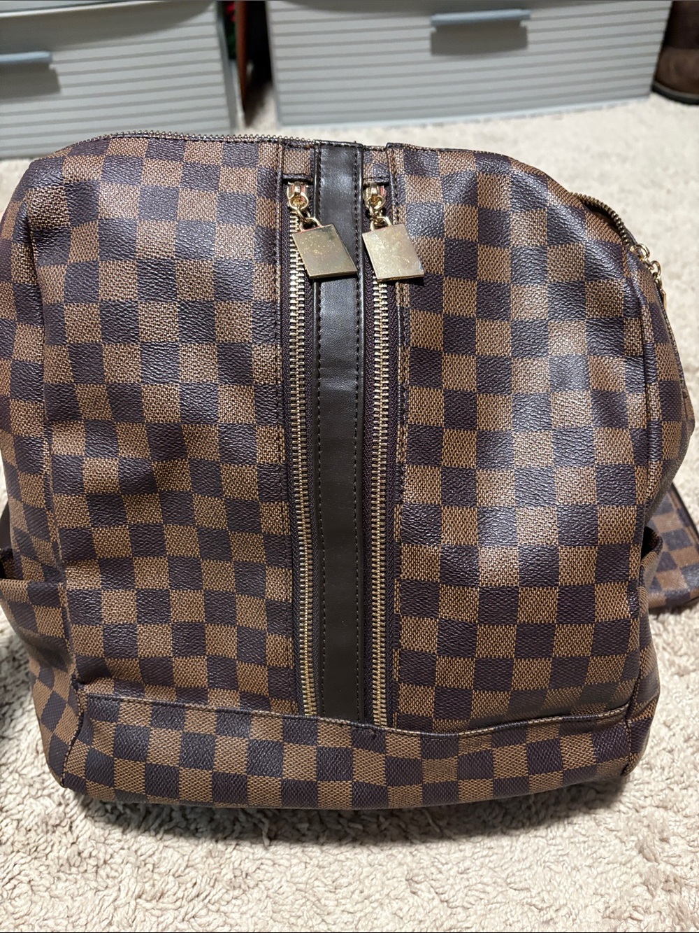 Brown Check Canvas Backpack with Dark Brown Trim